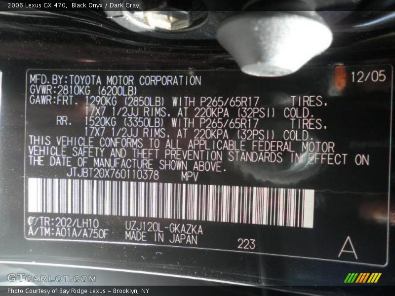 Black Onyx / Dark Gray 2006 Lexus GX 470
