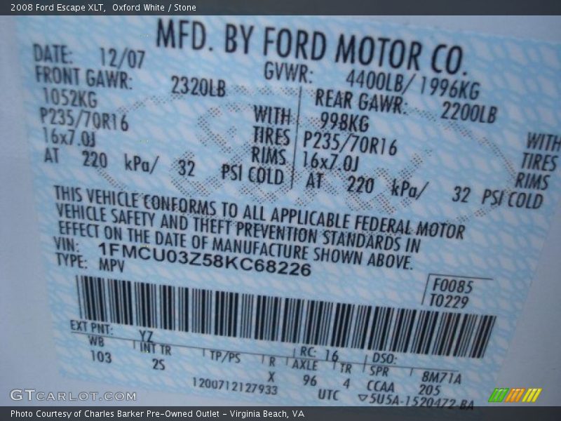 Oxford White / Stone 2008 Ford Escape XLT
