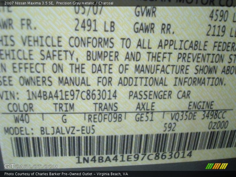 Precision Gray Metallic / Charcoal 2007 Nissan Maxima 3.5 SE