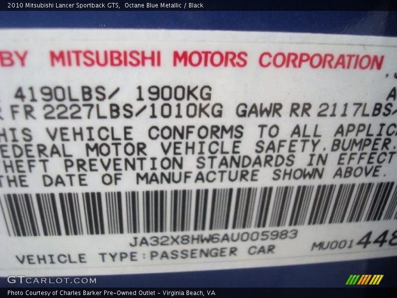 Octane Blue Metallic / Black 2010 Mitsubishi Lancer Sportback GTS