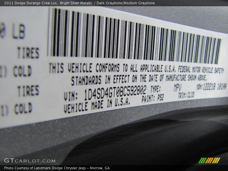 Bright Silver Metallic / Dark Graystone/Medium Graystone 2011 Dodge Durango Crew Lux