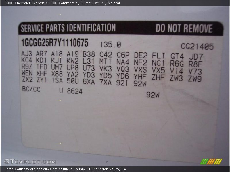 Info Tag of 2000 Express G2500 Commercial
