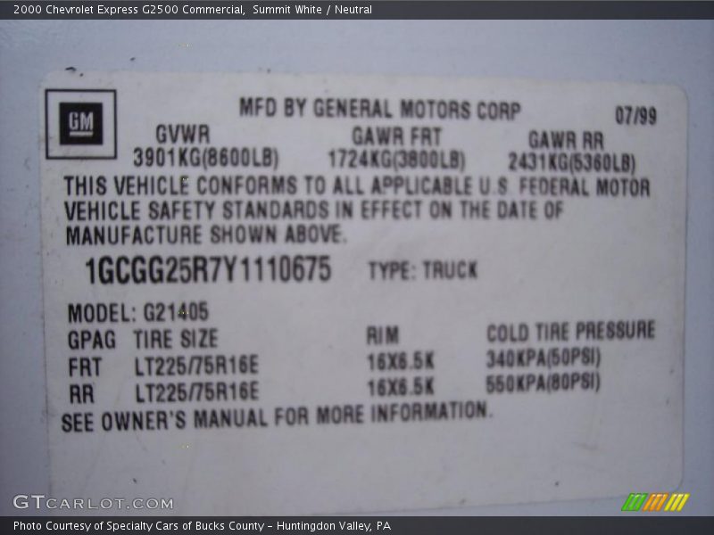 Info Tag of 2000 Express G2500 Commercial