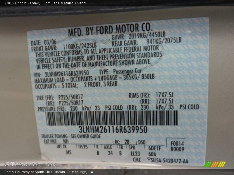 Light Sage Metallic / Sand 2006 Lincoln Zephyr