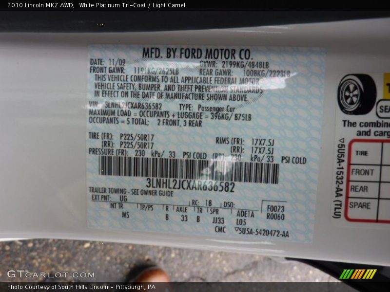 White Platinum Tri-Coat / Light Camel 2010 Lincoln MKZ AWD
