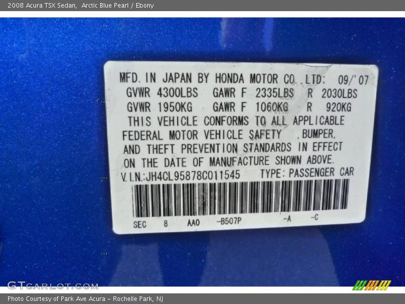 2008 TSX Sedan Arctic Blue Pearl Color Code B507P