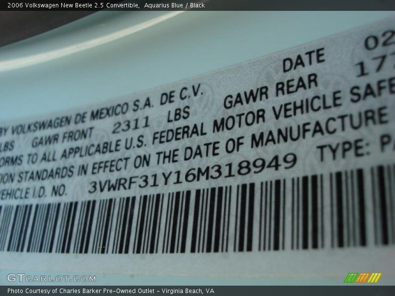 Aquarius Blue / Black 2006 Volkswagen New Beetle 2.5 Convertible