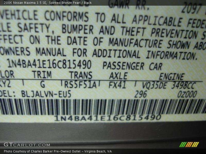 2006 Maxima 3.5 SE Spirited Bronze Pearl Color Code KY2