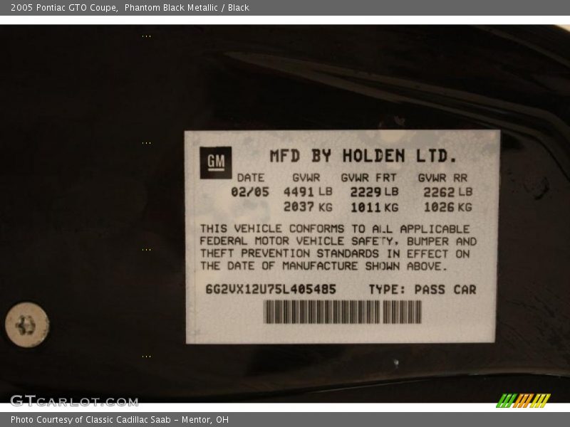 Info Tag of 2005 GTO Coupe