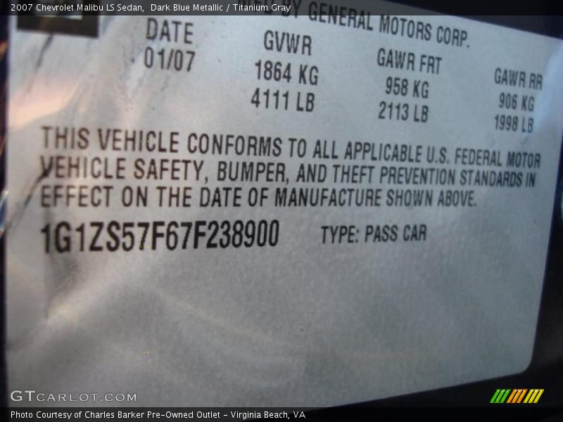 Dark Blue Metallic / Titanium Gray 2007 Chevrolet Malibu LS Sedan