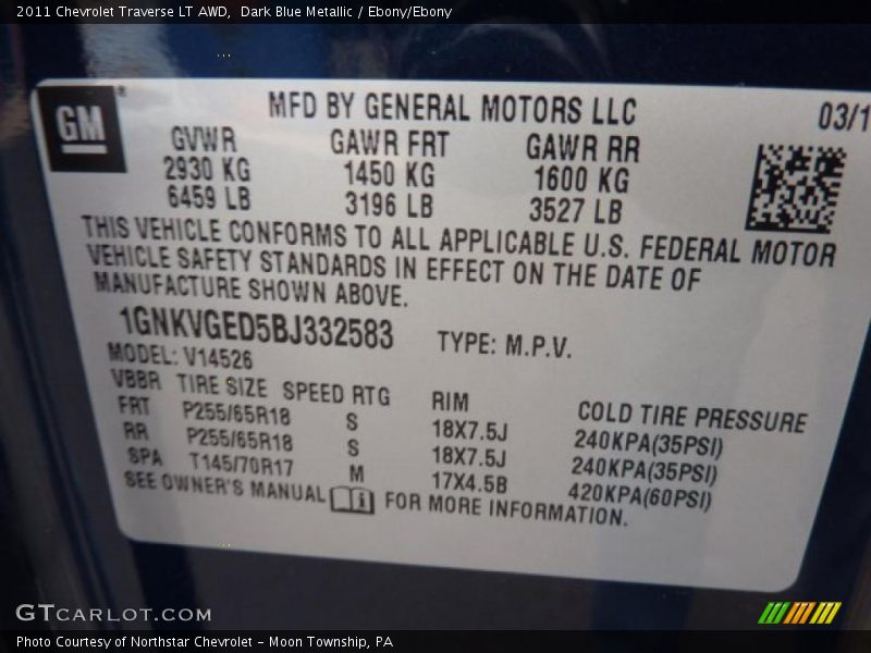 Dark Blue Metallic / Ebony/Ebony 2011 Chevrolet Traverse LT AWD