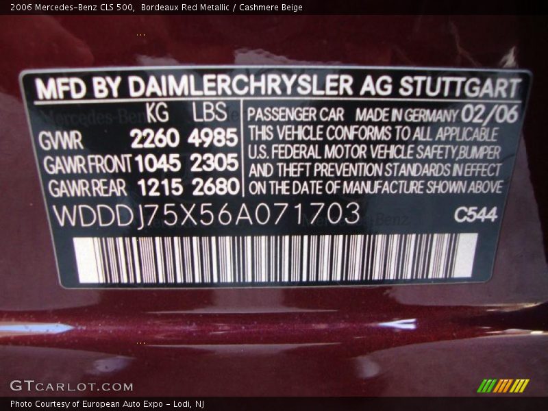 2006 CLS 500 Bordeaux Red Metallic Color Code 544