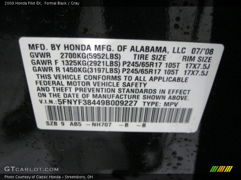 2009 Pilot EX Formal Black Color Code NH707