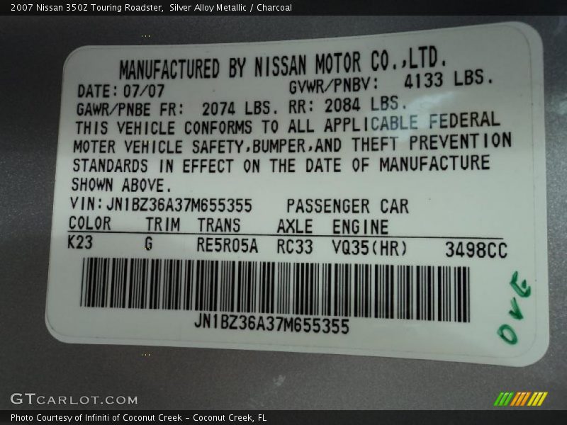 Silver Alloy Metallic / Charcoal 2007 Nissan 350Z Touring Roadster