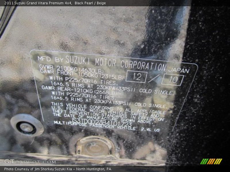 Info Tag of 2011 Grand Vitara Premium 4x4