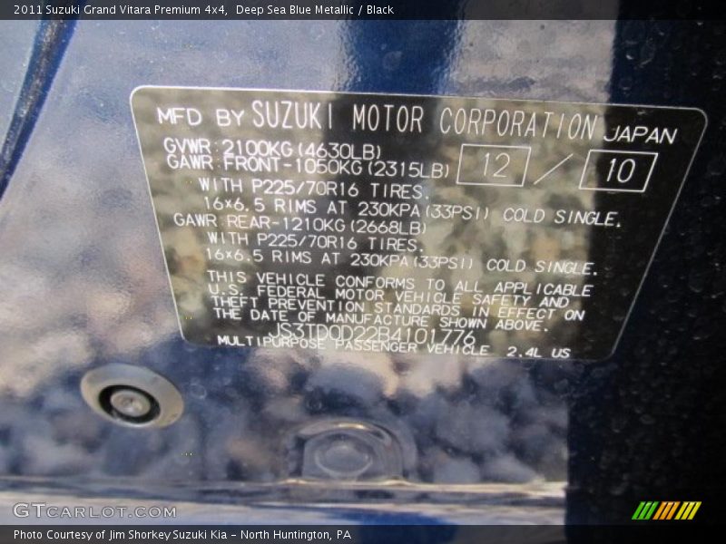 Info Tag of 2011 Grand Vitara Premium 4x4
