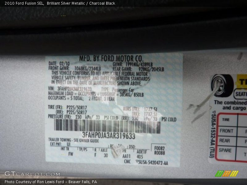 Brilliant Silver Metallic / Charcoal Black 2010 Ford Fusion SEL