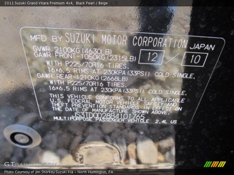 Info Tag of 2011 Grand Vitara Premium 4x4