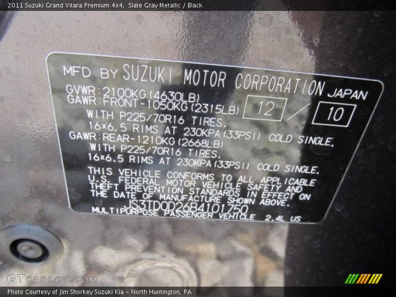 Info Tag of 2011 Grand Vitara Premium 4x4