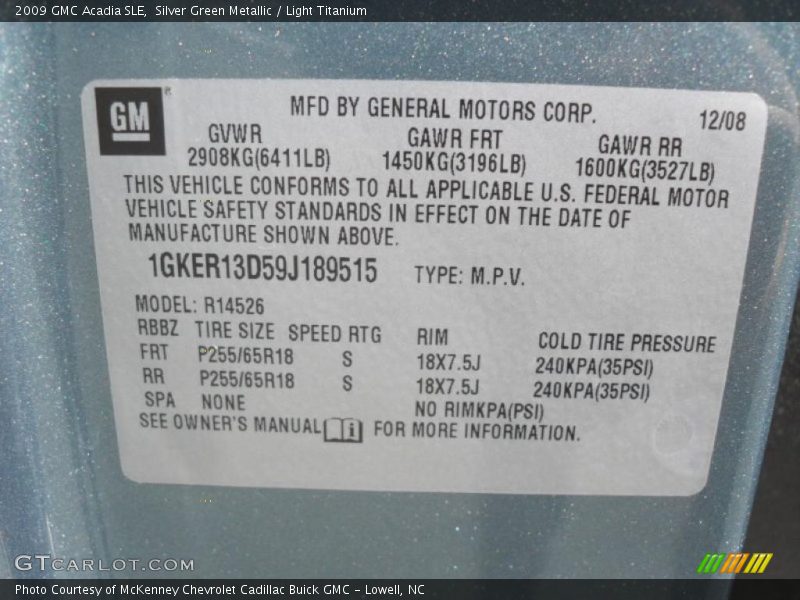Info Tag of 2009 Acadia SLE