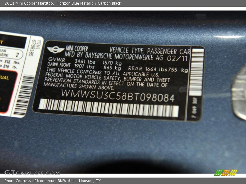 Horizon Blue Metallic / Carbon Black 2011 Mini Cooper Hardtop