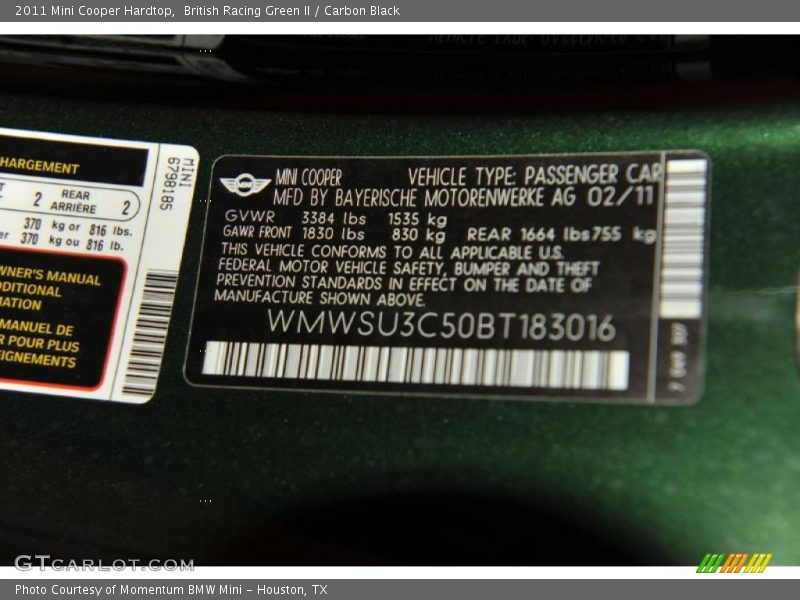 British Racing Green II / Carbon Black 2011 Mini Cooper Hardtop