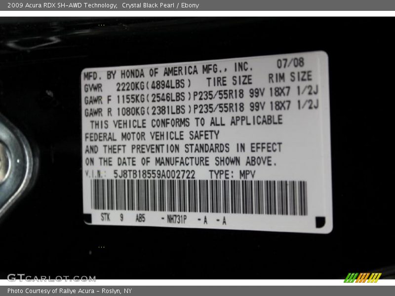 2009 RDX SH-AWD Technology Crystal Black Pearl Color Code NH731P