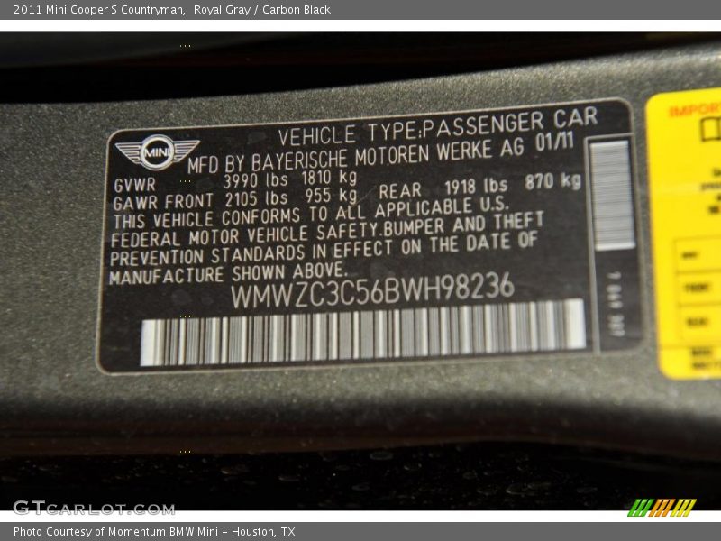 Royal Gray / Carbon Black 2011 Mini Cooper S Countryman