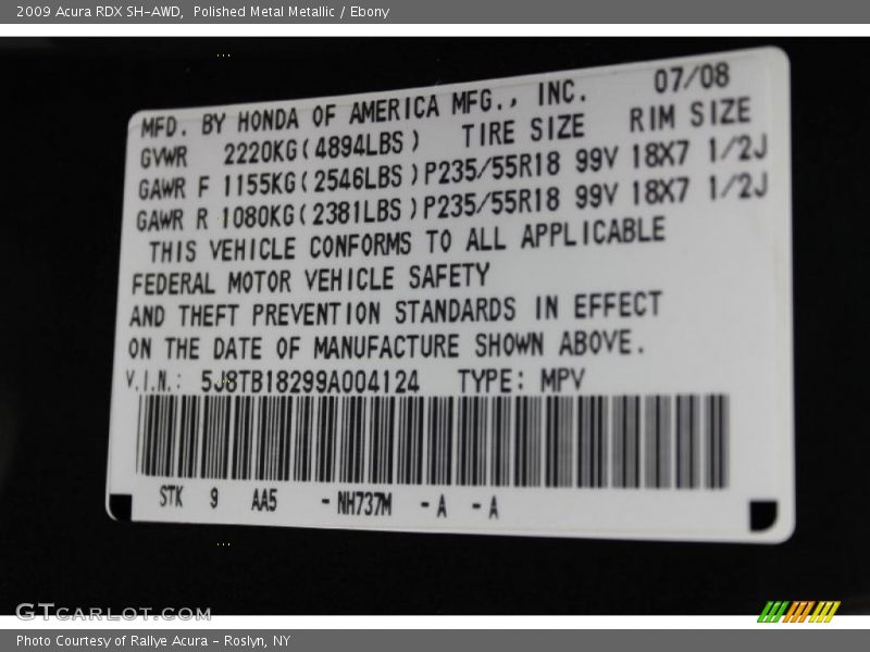 2009 RDX SH-AWD Polished Metal Metallic Color Code NH737M