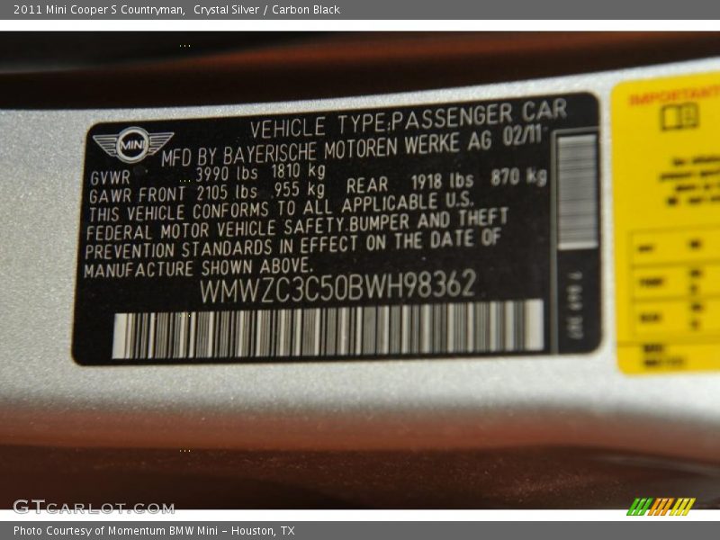 Info Tag of 2011 Cooper S Countryman