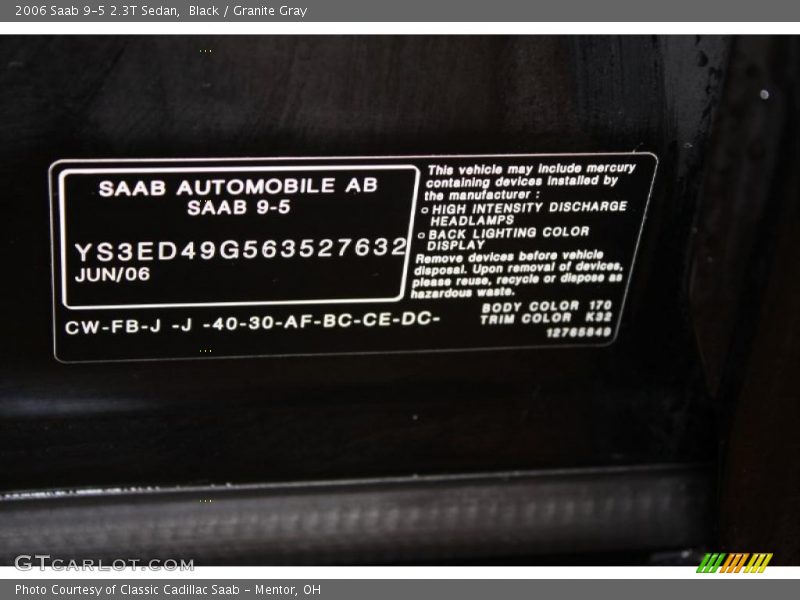 2006 9-5 2.3T Sedan Black Color Code 170