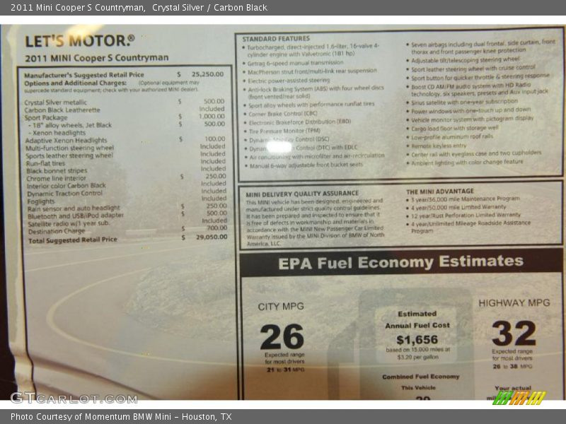  2011 Cooper S Countryman Window Sticker