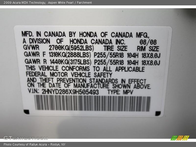 Aspen White Pearl / Parchment 2009 Acura MDX Technology