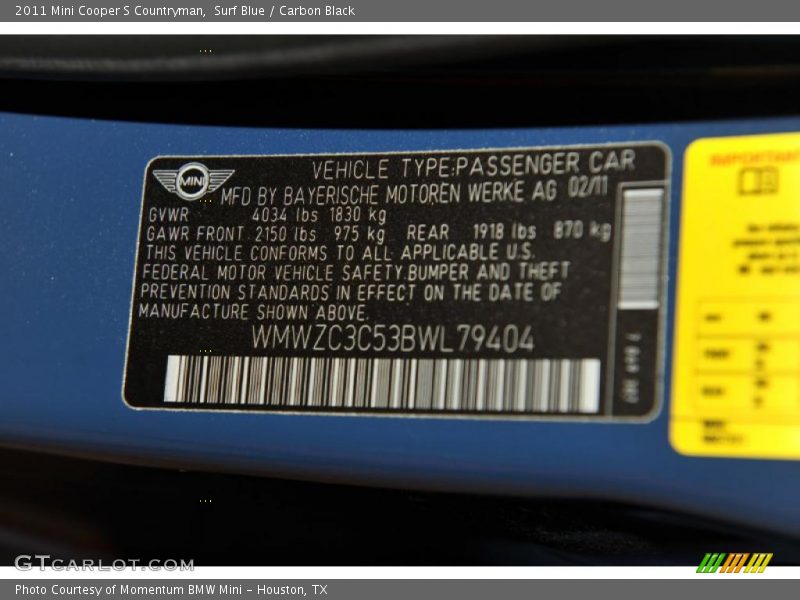 Info Tag of 2011 Cooper S Countryman