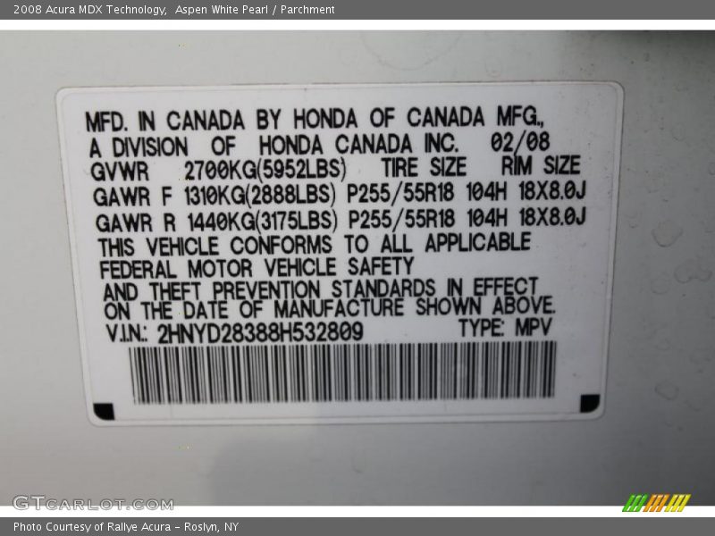 Aspen White Pearl / Parchment 2008 Acura MDX Technology