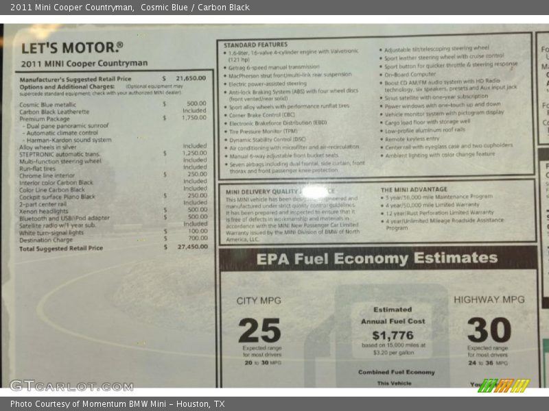  2011 Cooper Countryman Window Sticker