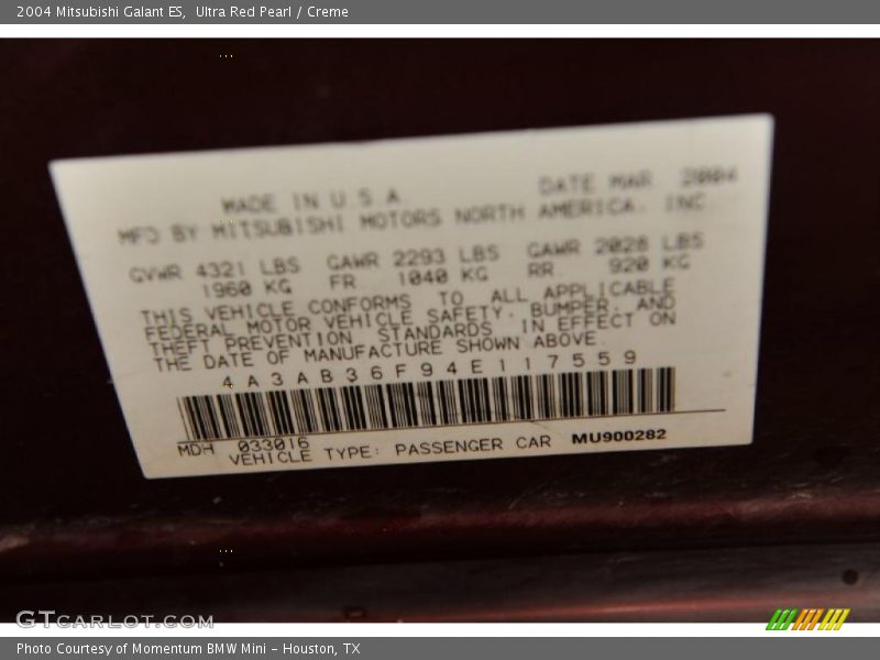 Ultra Red Pearl / Creme 2004 Mitsubishi Galant ES