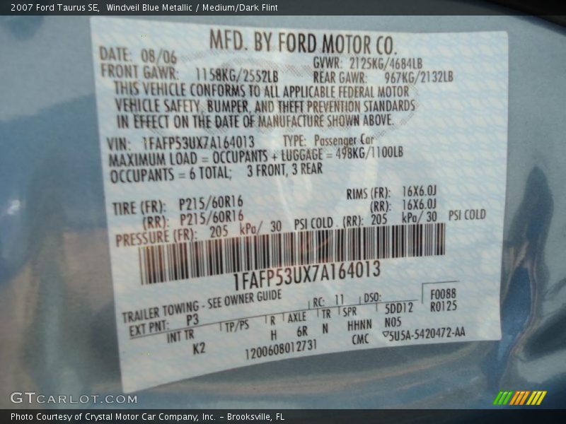 Windveil Blue Metallic / Medium/Dark Flint 2007 Ford Taurus SE