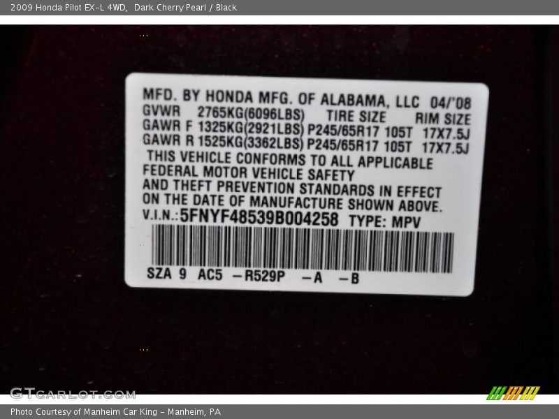 Dark Cherry Pearl / Black 2009 Honda Pilot EX-L 4WD