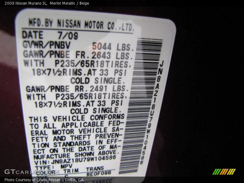 Merlot Metallic / Beige 2009 Nissan Murano SL