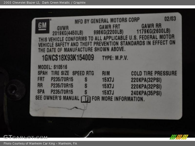 Dark Green Metallic / Graphite 2003 Chevrolet Blazer LS