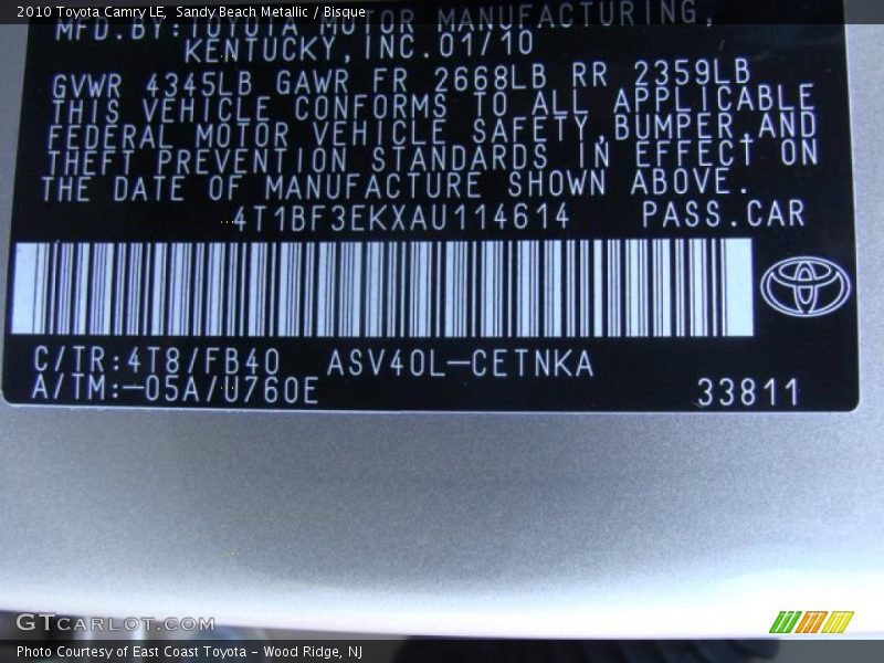 Sandy Beach Metallic / Bisque 2010 Toyota Camry LE
