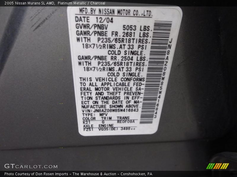 Platinum Metallic / Charcoal 2005 Nissan Murano SL AWD