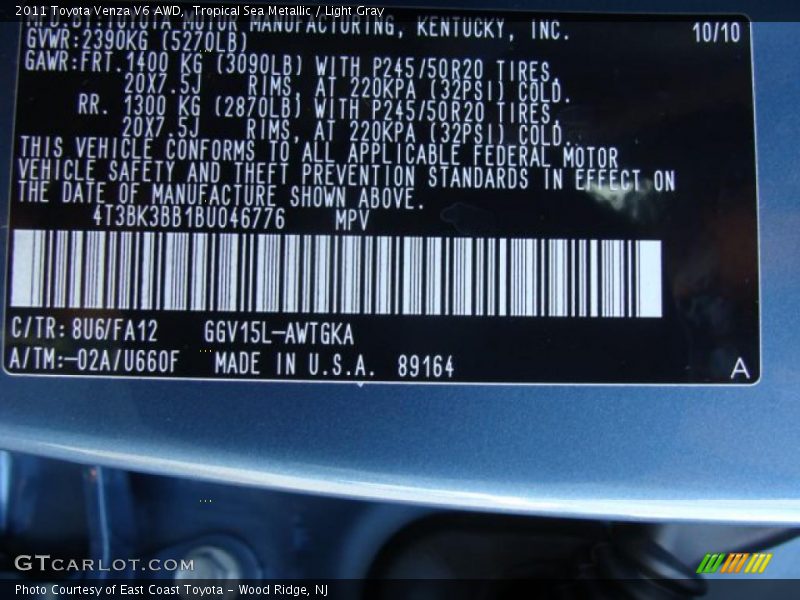 Tropical Sea Metallic / Light Gray 2011 Toyota Venza V6 AWD