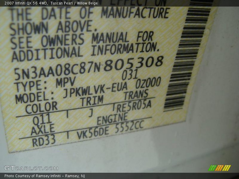 Tuscan Pearl / Willow Beige 2007 Infiniti QX 56 4WD