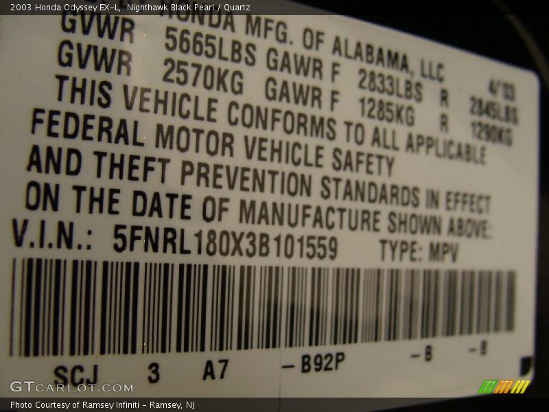 Nighthawk Black Pearl / Quartz 2003 Honda Odyssey EX-L