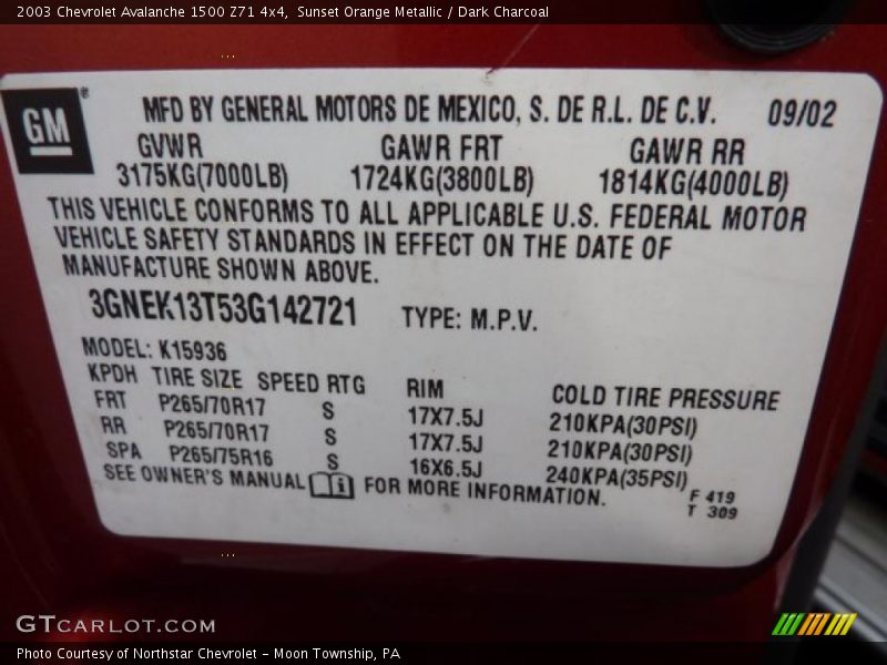 Sunset Orange Metallic / Dark Charcoal 2003 Chevrolet Avalanche 1500 Z71 4x4