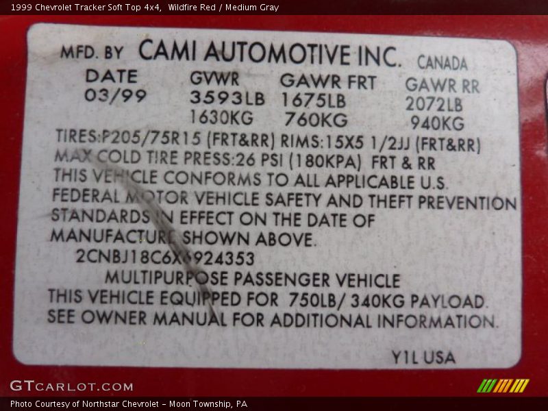 Info Tag of 1999 Tracker Soft Top 4x4