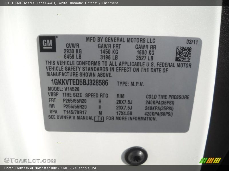 White Diamond Tintcoat / Cashmere 2011 GMC Acadia Denali AWD