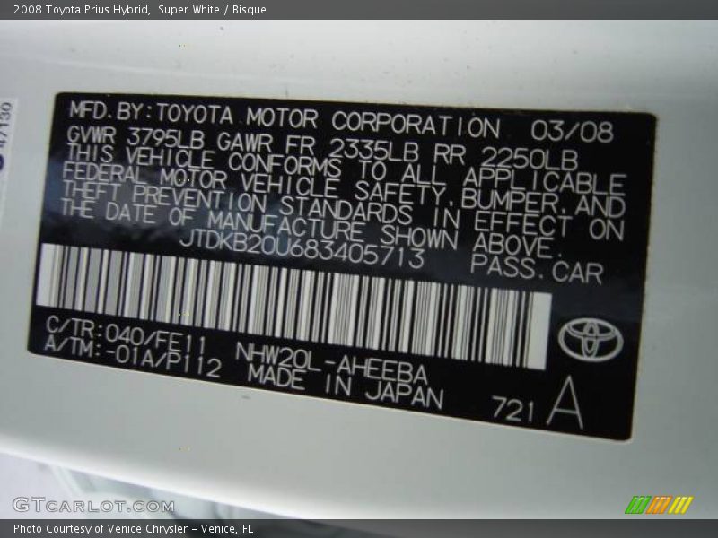 2008 Prius Hybrid Super White Color Code 040